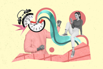 Collage 3d image of pinup pop retro sketch of funny female listen music man clock instead head timer weird freak bizarre unusual fantasy