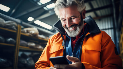 Men in a jacket with a smartphone in their industrial workshop.	
 - obrazy, fototapety, plakaty