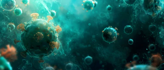 Foto op Aluminium A vibrant underwater world is captured in this close up of a virus, with its bubble-like structure and aqua hues evoking a sense of serenity amidst the bustling reef of turquoise waters © Daniel