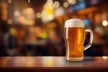 glass of beer on a bar counter with a blurry background. Generative AI.alcoholic drinks concept