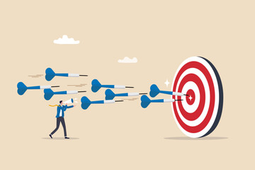 Marketing target strategy, leadership or skill to reach target or achievement, aiming for perfection winning, challenge or accuracy concept, businessman control dart to reach perfect target bullseye. - obrazy, fototapety, plakaty