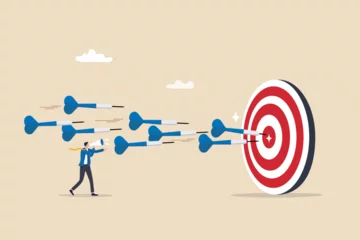 Foto op Plexiglas Marketing target strategy, leadership or skill to reach target or achievement, aiming for perfection winning, challenge or accuracy concept, businessman control dart to reach perfect target bullseye. © Nuthawut
