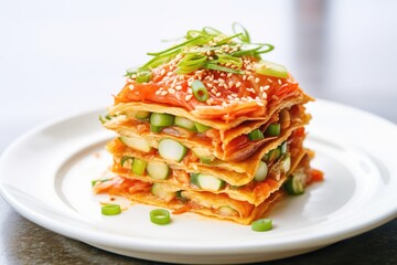 stack of kimchi pancakes topped with sesame seeds, green onions on white plate