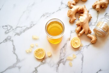 kombucha tea with ginger slices on marble surface