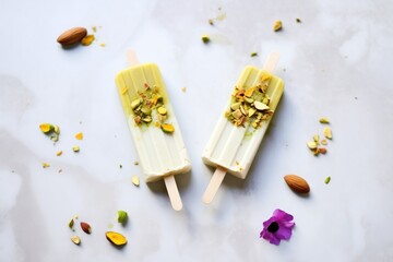 almond kulfi pops side by side on marble surface