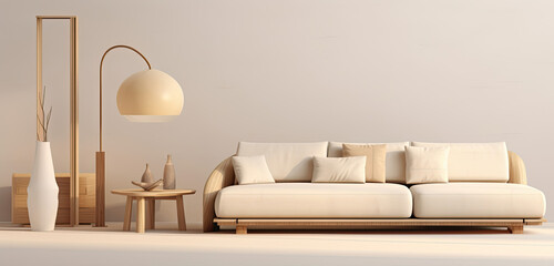 Living Room With White Couch and Lamp