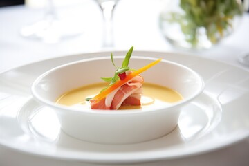 bisque in white bowl with lobster claw garnish - obrazy, fototapety, plakaty