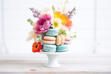 macaron tower with flowers on a cake stand