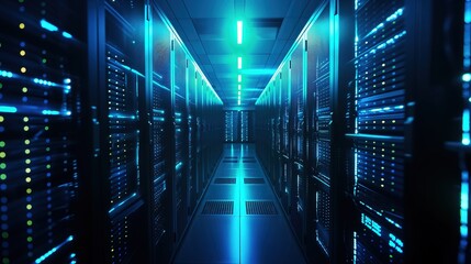 Server towers inside a data center. Server racks in a blue metal room. Generative AI. 