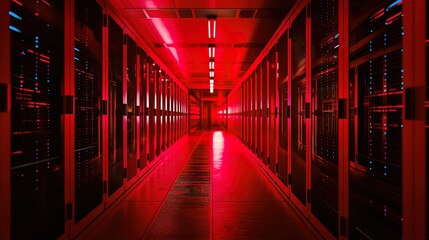 Alert server towers inside a data center. Alarm Server racks in a red light metal room. Generative AI. 