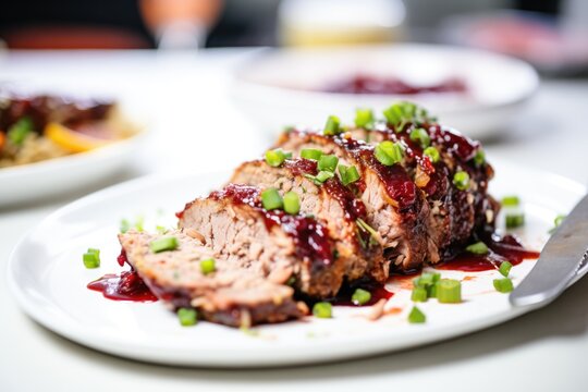 sliced meatloaf plated with cranberry sauce