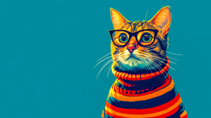 Fototapeta premium Hipster Cute Pop Art Cat Illustration, Generative AI