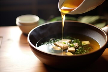 miso broth pouring into bowl from ladle, tofu visible