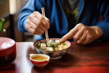 Obraz na płótnie Canvas man adding tofu to miso soup, focus on tofu blocks