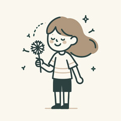 vector characters of a woman holding dandelions flowers in a simple and minimalist flat design style