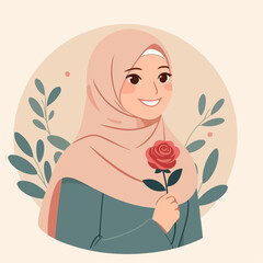 vector character of a woman in a hijab smiling and holding flowers in a simple and minimalist flat design style