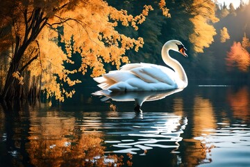 Witness the dance of a white swan on the river, set against a backdrop of trees and leaves undergoing their autumn transformation.