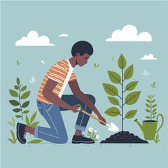 vector characters of a young man planting trees in a simple and minimalist flat design style