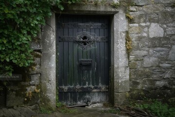 Fototapeta na wymiar Metal door with padlock, set in an ancient stone archway in Ireland. Generative AI