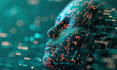 Abstract digital human head constructed from electrical circuits, Artificial intelligence avatar, sentient beeing in cyberspace,