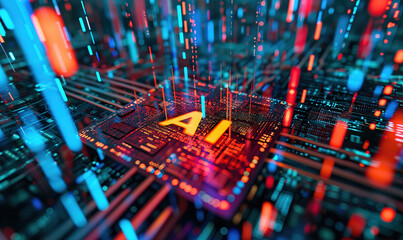 Big data and artificial intelligence concept with information data flowing trough ai processor unit on circuit board