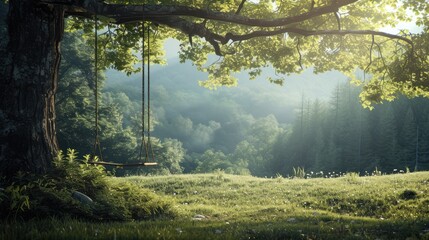 Swing hanging on a tree in the forest - obrazy, fototapety, plakaty