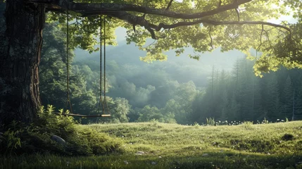 Poster Swing hanging on a tree in the forest © Daria17