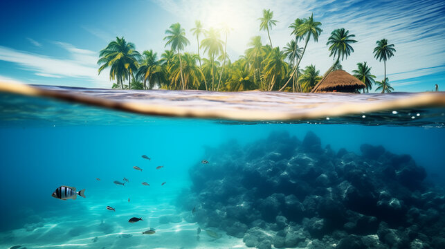 Split view at water level of tropical island with hut  and fish swimming under water