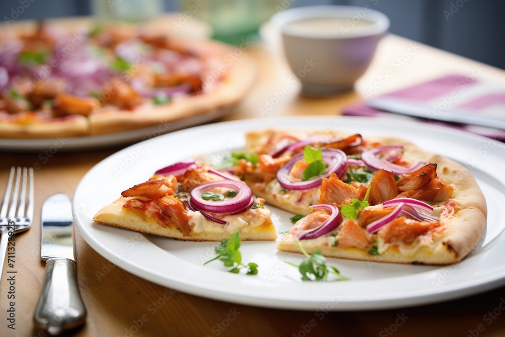 Poster pizza with barbecue chicken slices and red onion