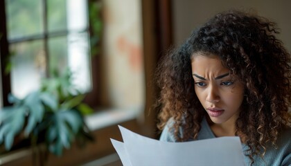 Stressed young curly haired woman reading bill papers, financial difficulties concept