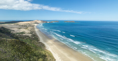 Aerial of beach at Cape Reinga, Northland, New Zealand.
