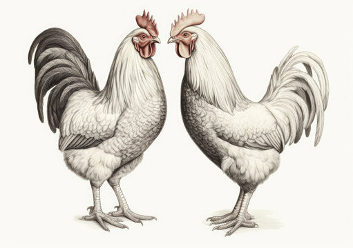 Two Chickens Standing Together in a Field