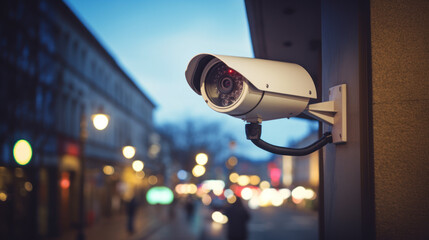 CCTV camera on the street, evening light, security, control concept