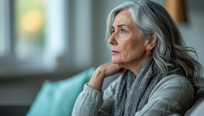 Fototapeta premium Lonely elderly woman looking sad sits on the sofa at home, grief loss acceptance photo
