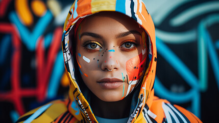 woman, makeup, street art, freedom, colourful, extravagant, bold, graffiti, mural, hip hop, lifestyle, inclusive, 20 years old, 30 years old, ai generated, analog film, art, colorful, looking at camer