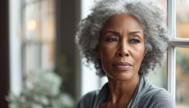 Confident senior african woman stands near window indoors radiating strength and beauty, grief loss acceptance image