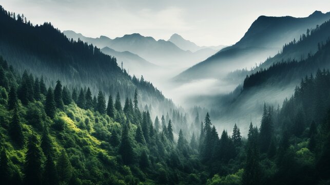 mountainous terrain, serene forested slopes leading to grand peaks shrouded in mist - Generative AI