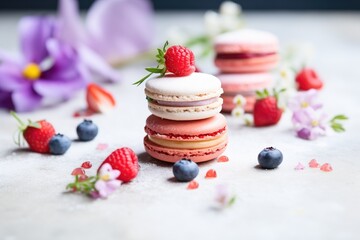 raspberry macarons with fresh berries and cream filling