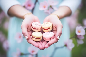 hands holding raspberry macarons, blurred garden background