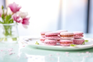 row of raspberry macarons on glass plate with powdered sugar