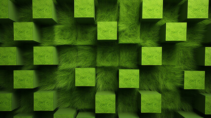 Green artificial grass cubes texture background, close-up, top view