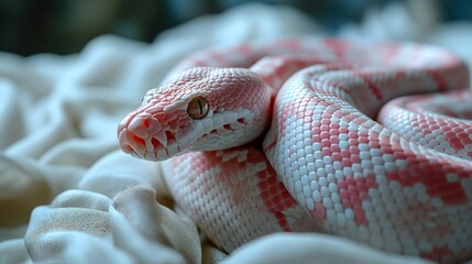 Fototapeta premium Close up of a camouflage pink rattlesnake on white clothes