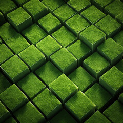 Green artificial grass cubes texture background, close-up, top view