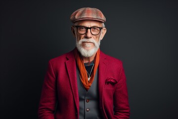 Portrait of a stylish senior man in a red jacket and cap.