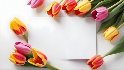 Postcard with a stand blank sheet surrounded by tulips on a white background, ribbon laying aside, template for congratulations on March 8, Valentine's day, women's Day or birthday Generative AI, card