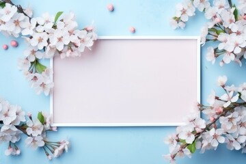 white frame with flowers in it on a blue background