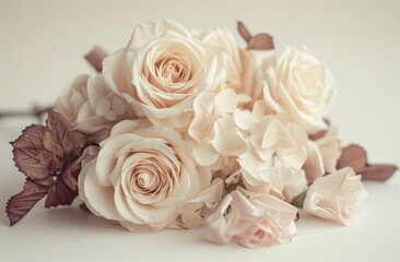 vintage bouquet of white roses and paper flowers on white background