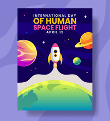 Human Space Flight Vertical Poster Flat Cartoon Hand Drawn Templates Background Illustration