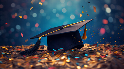 Graduation cap with confetti background, Graduation Day