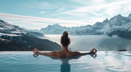 woman in hot tub meditating with mountains in background - obrazy, fototapety, plakaty